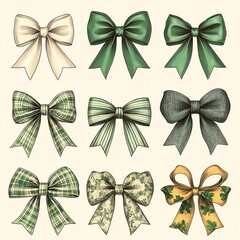 Nine Exquisite Bow Illustrations A Collection of Unique Designs in Various Colors and Patterns.
