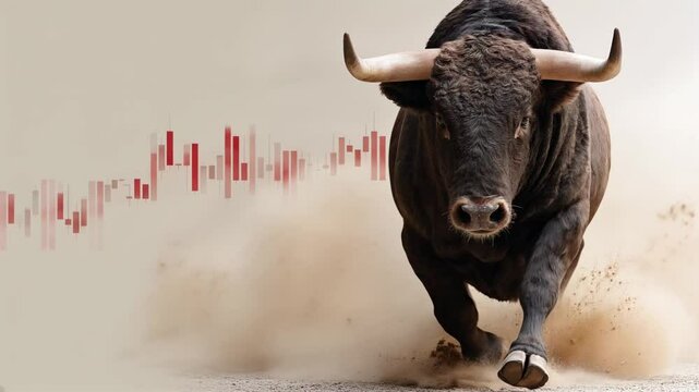 Charging Bull: A powerful bull charges forward with determination, its muscular form and majestic horns symbolizing strength, while red chart elements subtly evoke concepts of growth.