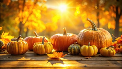 Naklejka premium Autumn Harvest: Sunlit Pumpkins on Rustic Table - Fall Photography, Golden Hour, Outdoor Scene