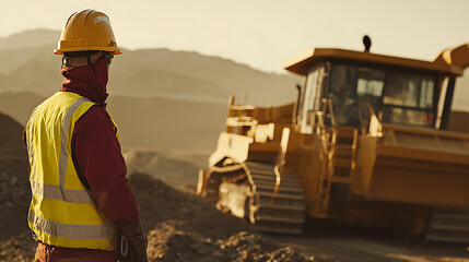 Mining worker in protective gear operating a bulldozer to clear land for excavation. Featuring machinery and safety