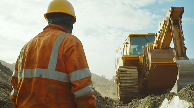 Mining worker in protective gear operating a bulldozer to clear land for excavation. Featuring machinery and safety