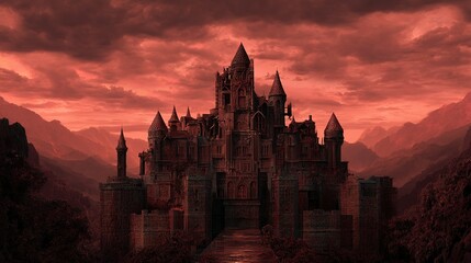Obraz premium Crimson sunset casts gloom on a decaying fortress.