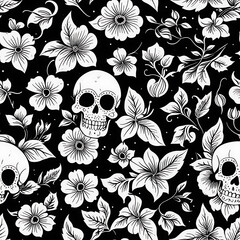 Elegant Black and White Floral Skull Pattern Design for Fabric or Wallpaper