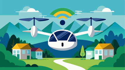 With advanced noisecancellation technology and minimal carbon emissions the eVTOLs blend seamlessly into the tranquil soundscape of the ecovillage preserving its natural harmony.. Vector illustration