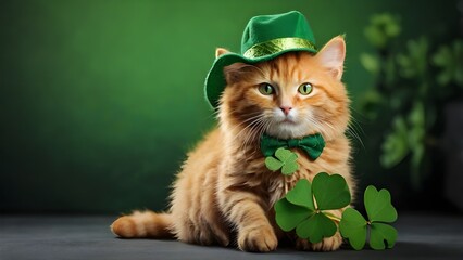 Cute ginger cat wearing leprechaun hat holding shamrock on st. patrick's day. Saint Patrick's Day, St Paddy's Day, St Patty's Day - Irish National Holiday and Cultural Celebration