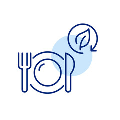 Plate, knife, fork and leaf in recycling symbol. Green, natural eco-friendly and vegan food. Pixel perfect, editable stroke icon