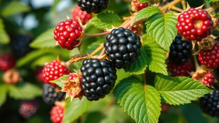 Blackberry on the bush, Blackberry images, blackberry wallpaper, Ripe and Unripe Blackberries on Vine with Green Leaves in Natural Garden Setting