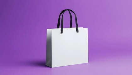 White paper shopping bag mockup on purple background. 3D rendering