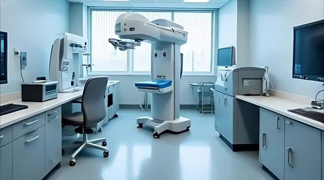 Modern Hospital Lab with Medical Equipment: Monitors, Ultrasound, X-ray Machines