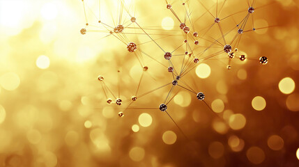 Golden Network: Abstract image of interconnected water drops forming a network against a warm golden bokeh background, symbolizing connection, innovation, and global networking.
