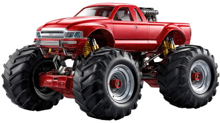 Obraz premium Crimson Monster Truck: A powerful and striking crimson monster truck commands attention with its enormous tires, showcasing its raw energy and dominating presence. 