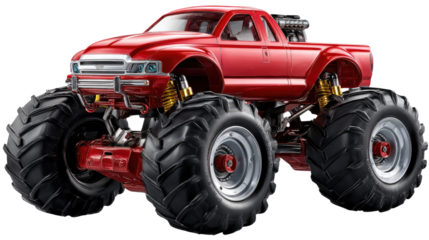 Crimson Monster Truck: A powerful and striking crimson monster truck commands attention with its enormous tires, showcasing its raw energy and dominating presence. 