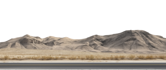 Long, empty asphalt road stretching across the desert, isolated on a transparent background