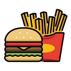 A pack of fries and a burger, representing fast food, casual meals, and comfort eating round line vector icon with 