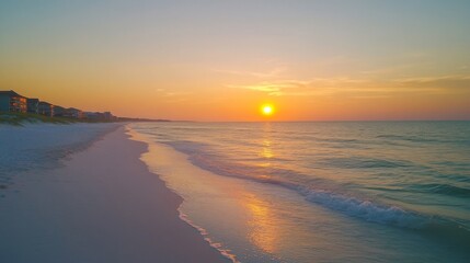 Beach Sunset Landscape With Orange Sky and Calm Ocean