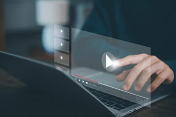 multimedia OTT, content on digital technology. concept of watching live video streams on a computer laptop, training, and education. Watch videos on social media platforms