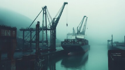 Obraz premium Cargo Ship in Foggy Port
