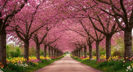 Naklejka premium Walking Path Lined with Cherry Blossom Trees and Spring Flowers