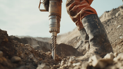 Mining worker operating a drill at a mineral exploration site. Featuring operation and exploration