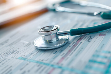 stethoscope, ECG paper, heartbeat lines, close-up view, medical equipment, heart health check-up, white background, studio lighting, high-quality photo, medical diagnostics, cardiology, electrocardiog