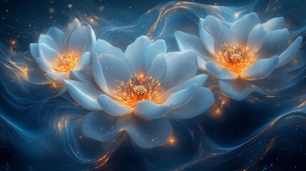 Obraz premium Glowing White Flowers in a Dark Blue Abstract Setting