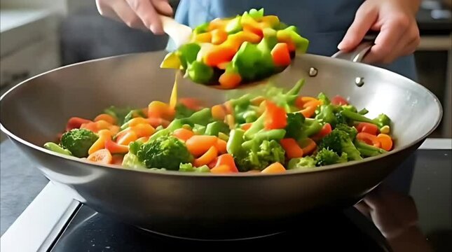 Stir-Frying Vegetables in a Kitchen with Focus on Healthy Cooking