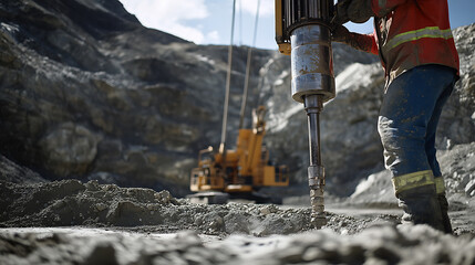 Mining worker operating a large drill machine to extract minerals from a mining pit. Featuring precision and machinery