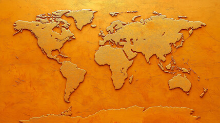 Naklejka premium Embossed World Map: An intricately embossed world map takes center stage against a rich, copper-toned background, a captivating representation of global interconnectedness and boundless possibilities.