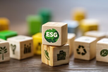 ESG concept regarding environment, social, and governance. Green esg icon symbol on wooden block. Investing in sustainable green businesses Environmental considerations