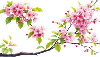 Fototapeta premium Delicate watercolor cherry blossom tree, pink flowers, green leaves, spring branches on white, twig, pink