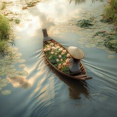 A woman in a straw hat paddling her boat filled with lotus flowers and herbs