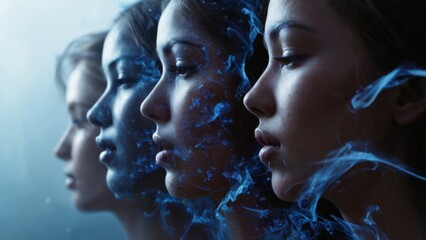 Abstract digital art with faces in blue smokey background, creating depth and dimension.