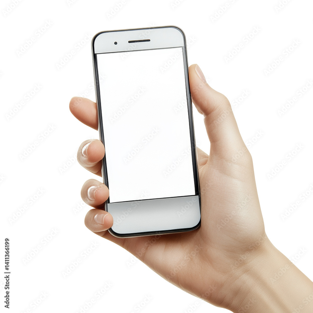 Poster hand holding a blank screen smartphone against white background display
