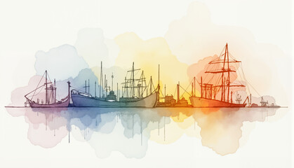 Colorful watercolor boats on calm waters maritime tranquility