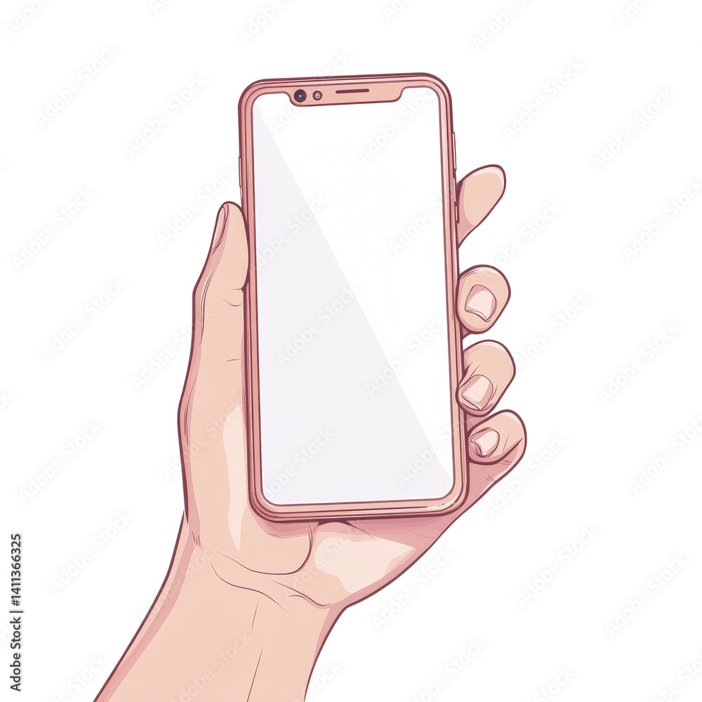 Poster hand holding pink bezel smartphone with blank screen for easy custom design