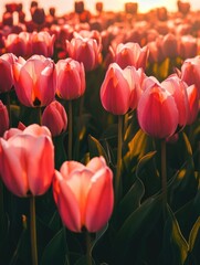 Sunset Field with Pink Tulips