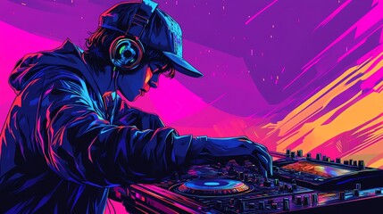 DJ mixing vibrant beats at a colorful party.