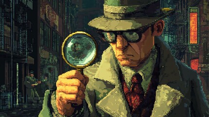 Detective examining clues with a magnifying glass.