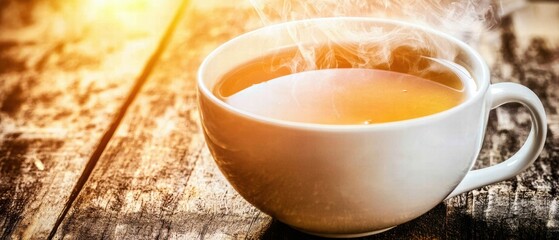 Elegant white cup of tea on rustic wooden table evoking serenity and simple pleasures