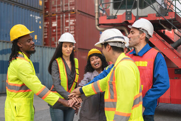 Diverse Team of Workers Motivated and Excited, Industrial Team Celebrating Success at Shipping Container Yard
