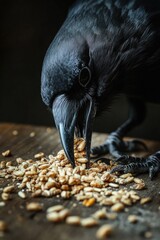 Fototapeta premium Black bird eating peanuts