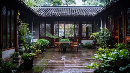 Fototapeta premium Rainy Day in a Tranquil Chinese Courtyard Garden