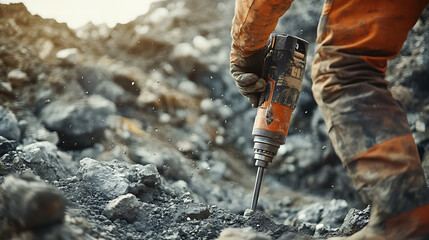 Mining worker using a pneumatic drill to break through rock at a mining site. Featuring rock drilling and material extraction
