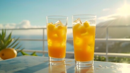  Two glasses of mango juice with ice cubes, placed on a sunny balcony with a scenic view. 
