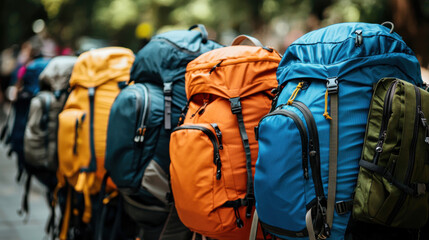 Colorful hiking backpacks lined up outdoors