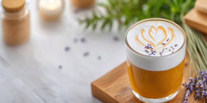 beautifully crafted latte with intricate foam art, surrounded by lavender and natural decor, evokes sense of calm and relaxation