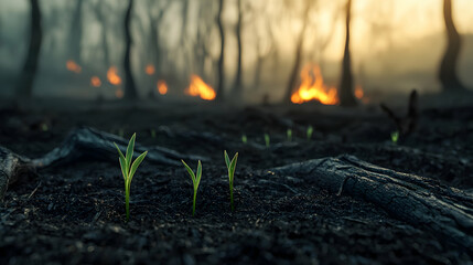A striking post-fire forest scene with charred trees, ashes, extinct embers, and fresh green sprouts emerging, symbolizing resilience and renewal under a soft, glowing sunlight.