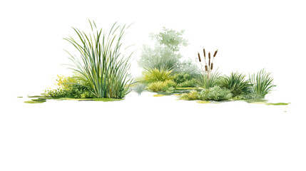 Fototapeta premium A Serene Watercolor Landscape Featuring a Tranquil Pond Surrounded by Lush Reeds and Graceful Lily Pads in a Natural Marsh Environment