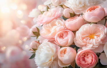 Romantic floral background with soft-focus roses and peonies in pale pink and peach tones. Light-filled and dreamy. High-resolution, suitable for print and digital ads.