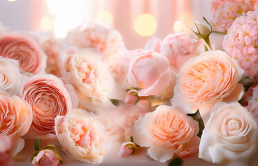 Romantic floral background with soft-focus roses and peonies in pale pink and peach tones. Light-filled and dreamy. High-resolution, suitable for print and digital ads.